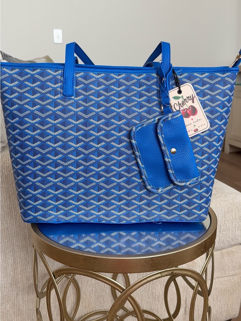 Bright Blue Patterned Tote with Removable Pouch Not a Goyard bag